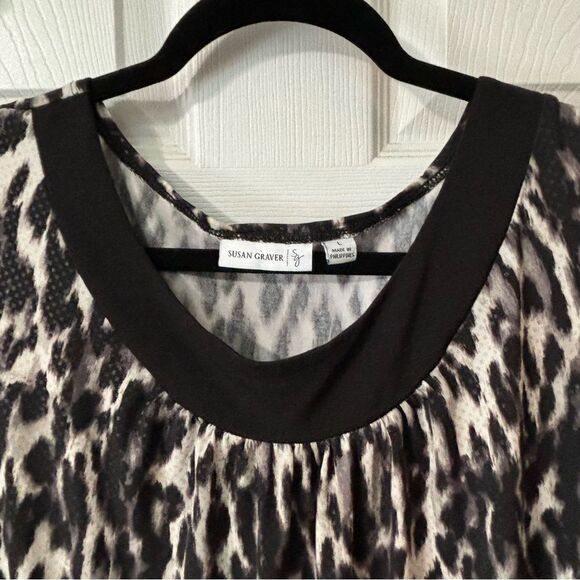 Susan Graver Black/Gray Animal Print Pullover Top Scoop Neck 3/4 Slv Sz Large - Picture 2 of 7